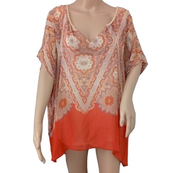 Maeve Anthropologie Silk Blouse L Nalina Handkerchief Kimono Flowy Bohemian Rust - Picture 14 of 16